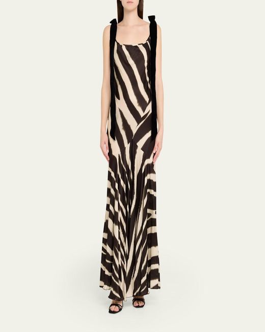 Nina Ricci White Zebra-Print Satin Bow-Shoulder Sleeveless Gown