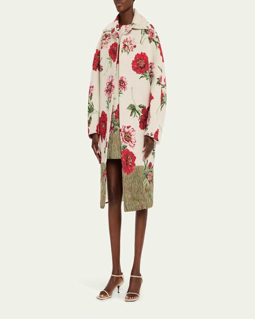 Oscar de la Renta White Oversized Peony Jacquard Coat
