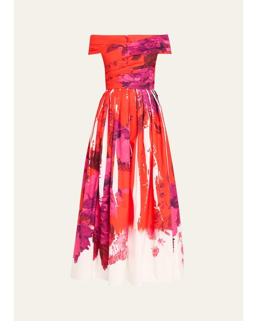 Erdem Red Off-shoulder Floral Print Cocktail Dress