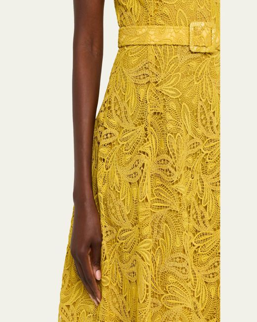 Oscar de la Renta Yellow Sleeveless Feather Scroll Guipure Midi Day Dress With Belt