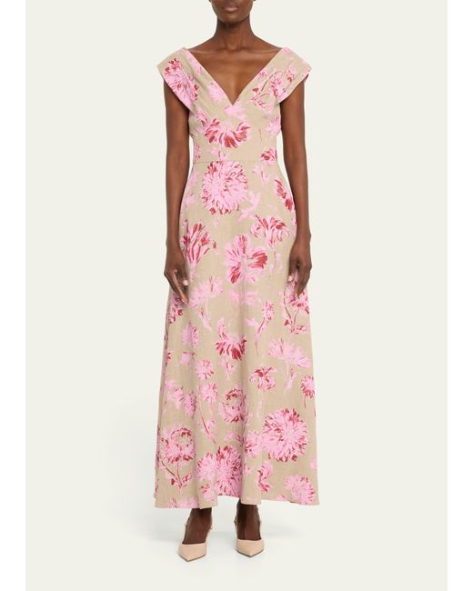 Lela Rose Pink V-neck Floral-print Sleeveless Empire-waist Maxi Dress