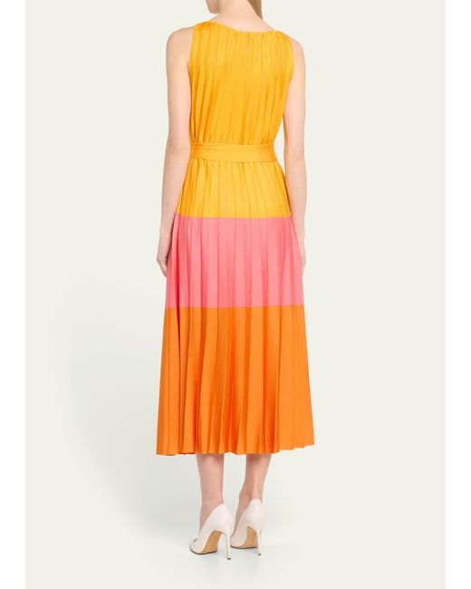 Carolina Herrera Orange Colorblock Pleated Knit Maxi Dress With Tie Belt