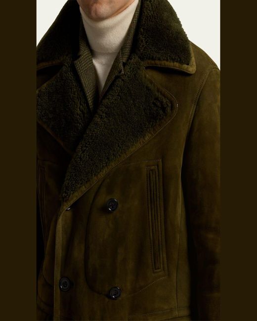 Ralph Lauren Green Suede Shearling-Lined Double-Breasted Jacket for men