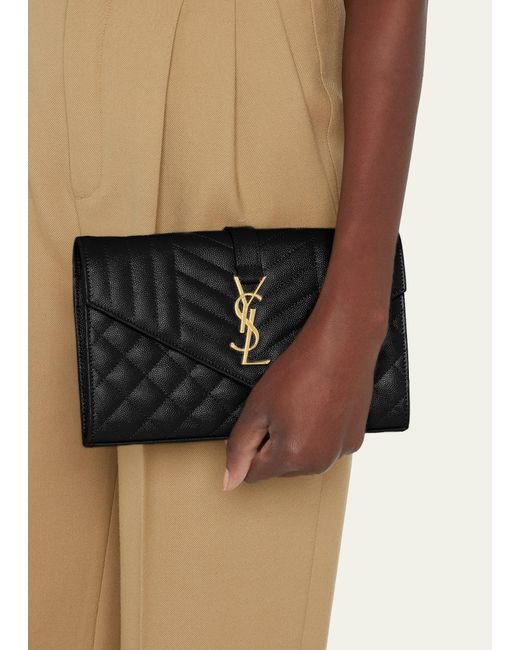 Saint Laurent Black Envelope Flap Ysl Clutch Bag In Grained Leather