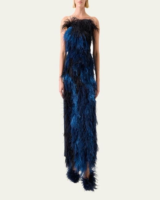 Akris Blue Strapless Ostrich Feather Gown