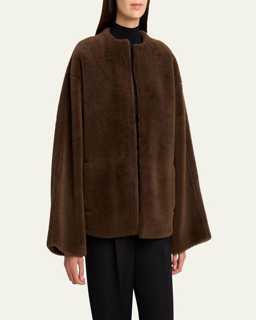 The Row Brown Valorin Lamb Shearling Collarless Jacket