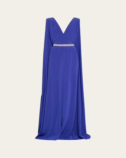 Stephane Rolland Blue Deep V Crepe Gown With Crystal Belt