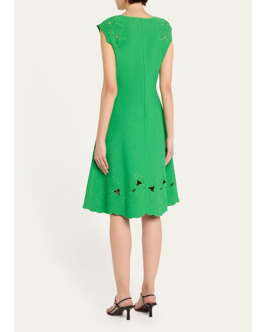 Carolina Herrera Green Knit Flare Dress With Floral Embroidery