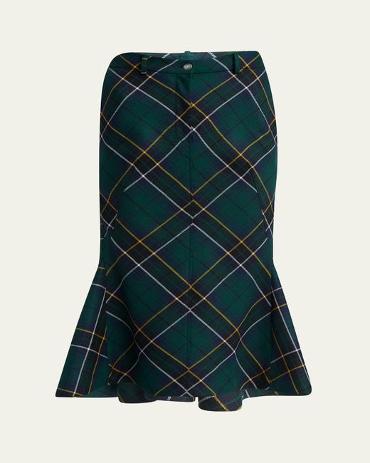 Alexander McQueen Green Tartan-Print Fit-&-Flare Midi Skirt