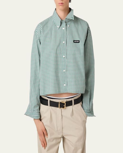 Miu Miu Blue Check Cropped Button-Front Shirt