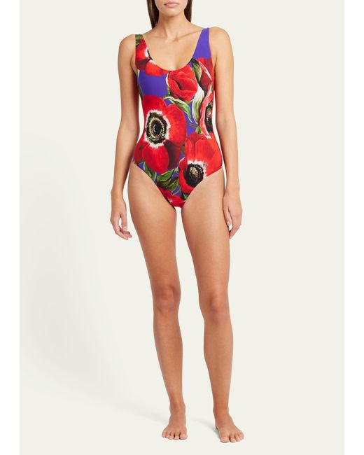 Dolce & Gabbana Red Flower Power Olympic One-piece Swimsuit