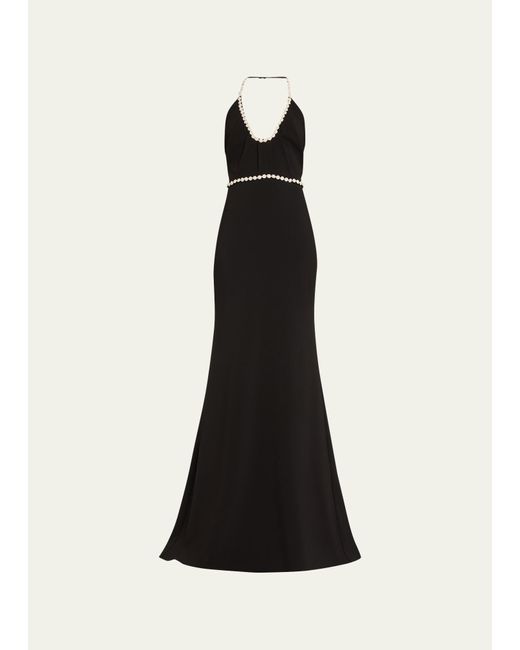 Badgley Mischka Black Sleeveless Bead & Jewel-trim Halter Gown