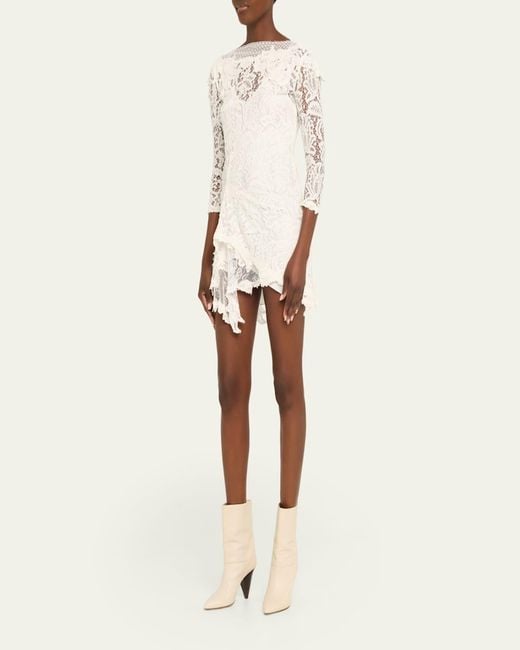 Isabel Marant Natural Rubiana Gathered Lace 3/4-Sleeve Mini Dress