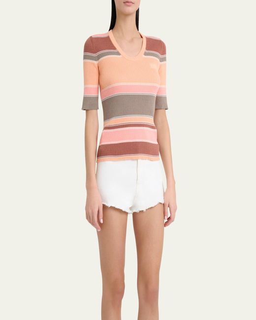 Chloé Pink Striped Crewneck Rib Knit Cotton Top