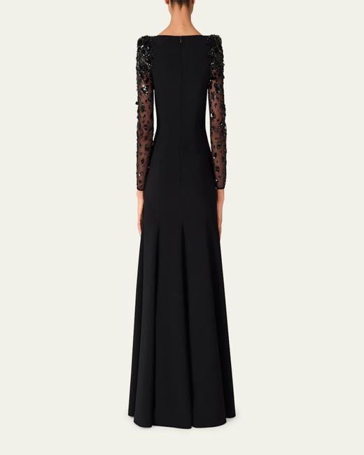 Jenny Packham Black Sylvia Beaded Long-Sleeve Crepe Gown