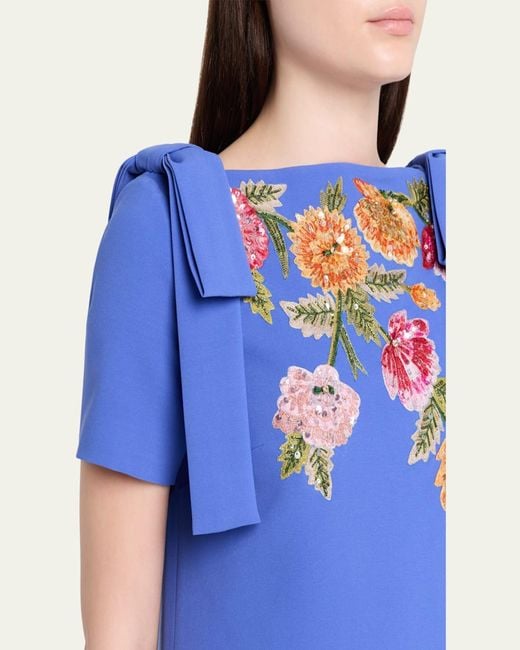 Carolina Herrera Blue Embroidered Bow-Shoulder A-Line Gown