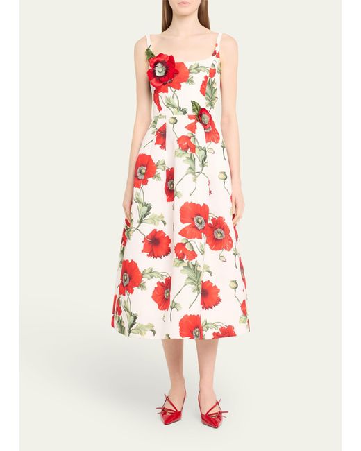 Oscar de la Renta White Poppies-print Flower-applique Scoop-neck Sleeveless Midi Dress