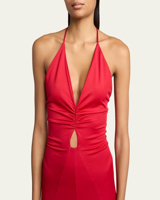 Victoria Beckham Red V-Neck Ruched Cami Midi Dress