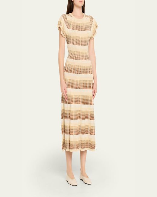 Ramy Brook Natural Rachel Plaid Knit Flutter-Sleeve Midi Dress