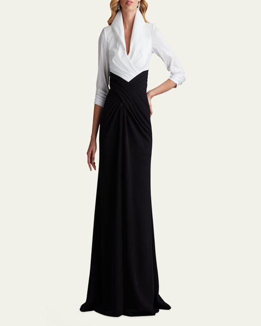Tadashi Shoji Black Pleated Taffeta & Crepe Gown