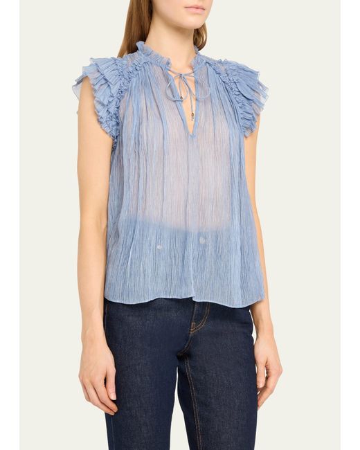 Ulla Johnson Blue Clea Crinkled Flutter-sleeve Top