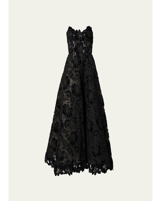 Carolina Herrera Black Floral Lace Strapless Midi Gown