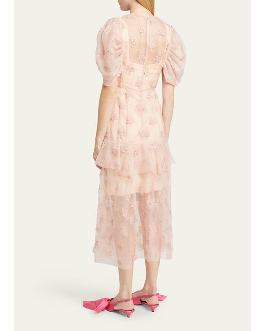 Erdem Pink Sheer Peplum Midi Dress With Floral Embroidery