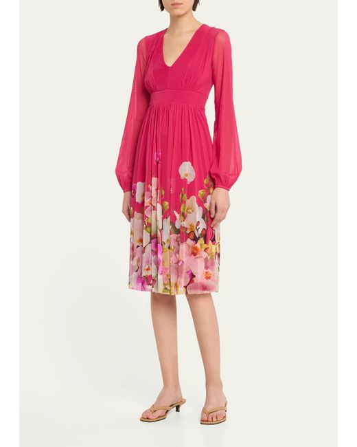 Fuzzi Pink Blouson-sleeve Floral-print Tulle Midi Dress