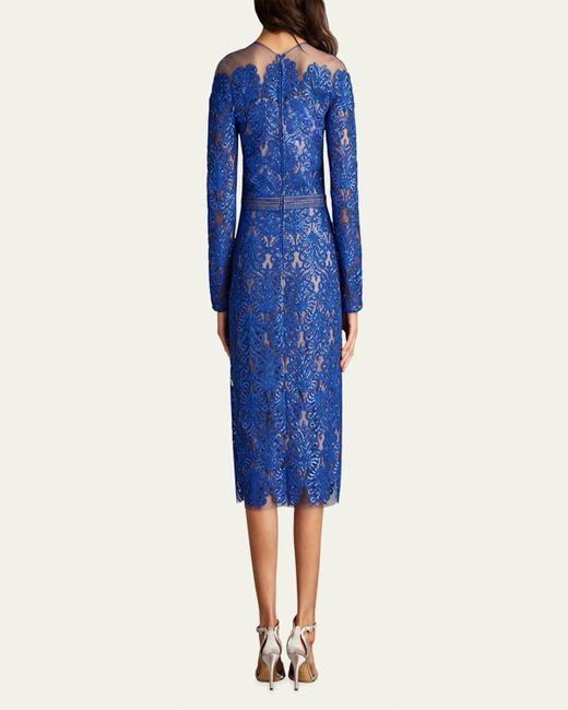 Tadashi Shoji Blue Sequin Illusion Lace Midi Sheath Dress