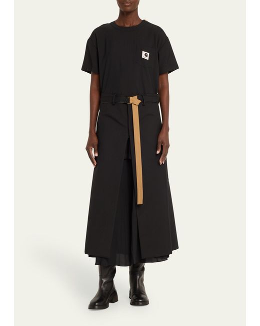 Sacai Black X Carhartt T-shirt Top Belted Dress With Front Slit