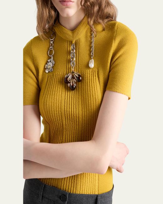 Prada Yellow Chain Embroidered Wool Knit Short-Sleeve Sweater