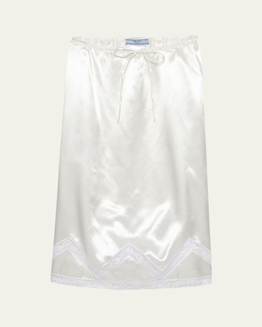 Prada White Drawstring Lace Trim Satin Midi Skirt