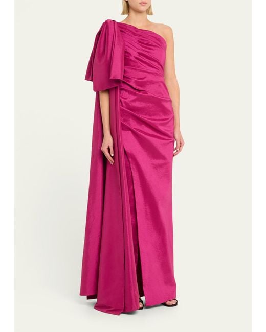 Rachel Gilbert Pink Alessandra Ruched One-shoulder Bow Column Gown