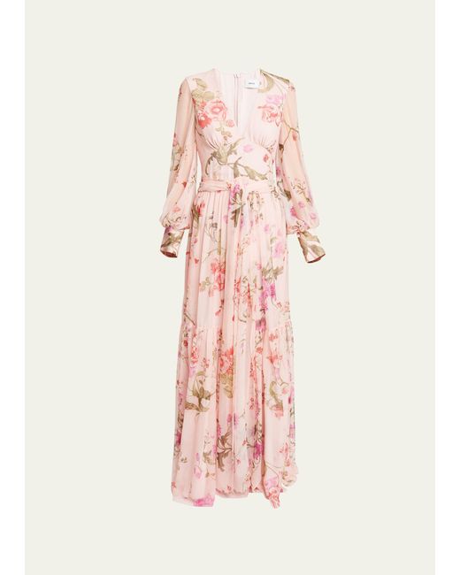 Erdem Pink Floral-printed Pleated Self-tie Silk Gown