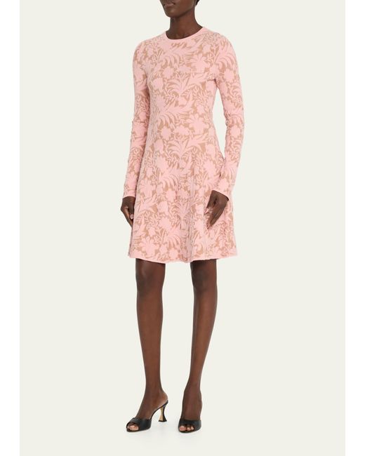 Lela Rose Pink Floral Jacquard Long-sleeve Fit-&-flare Dress