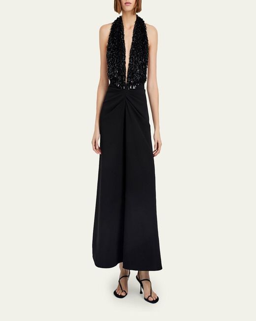 Proenza Schouler Black Moira Embroidered Compact Crepe Plunge-Neck Dress