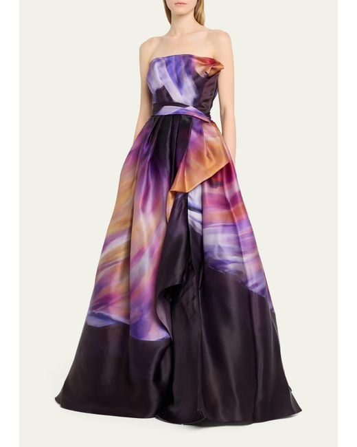 Marchesa Multicolor Strapless Satin Organza Draped Gown