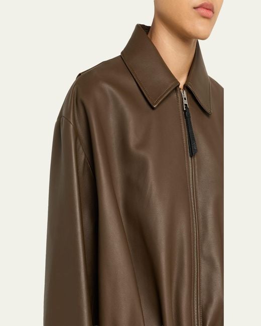 Loewe Brown Leather Draped Bomber Jacket