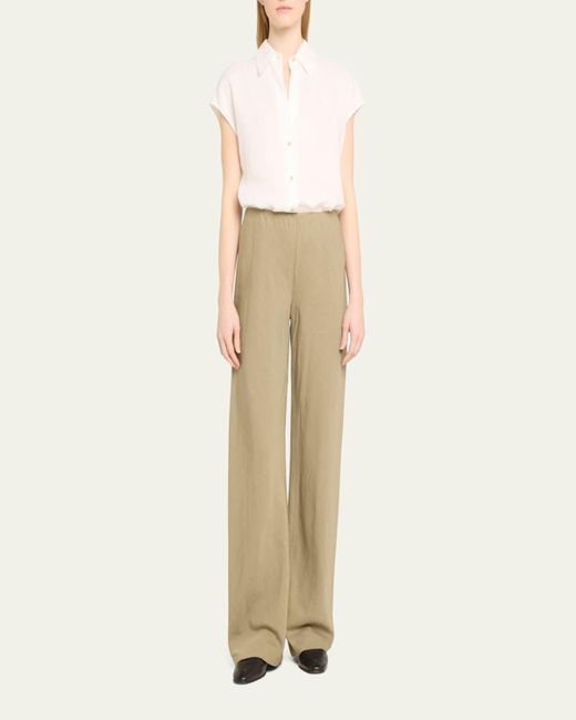 Vince Blue Cap-Sleeve Linen Button-Front Blouse