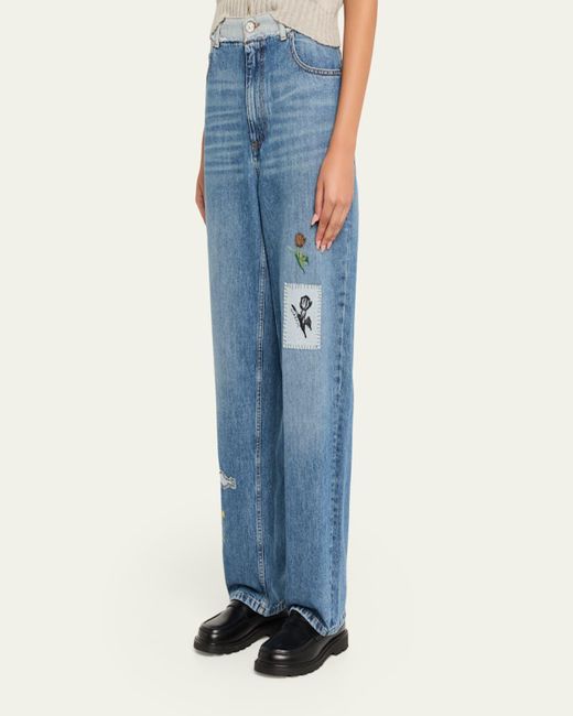 Marni Blue Embroidered Straight-Leg Denim Trousers