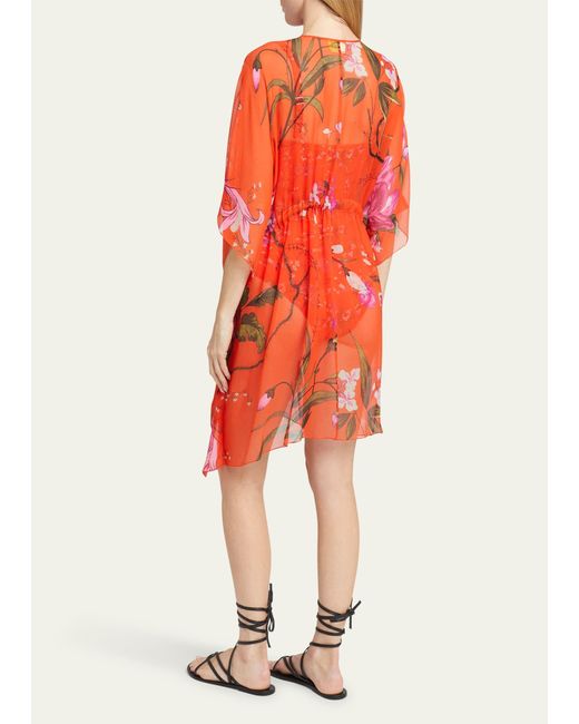 Erdem Orange Floral-print Tie-waist Silk Mini Kaftan Dress