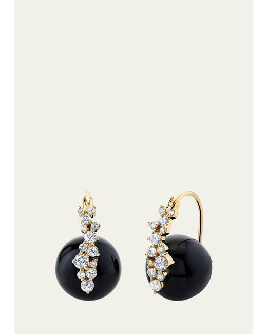 Sydney Evan White 14k Yellow Gold Smooth Round Onyx Cocktail Earrings With Diamonds