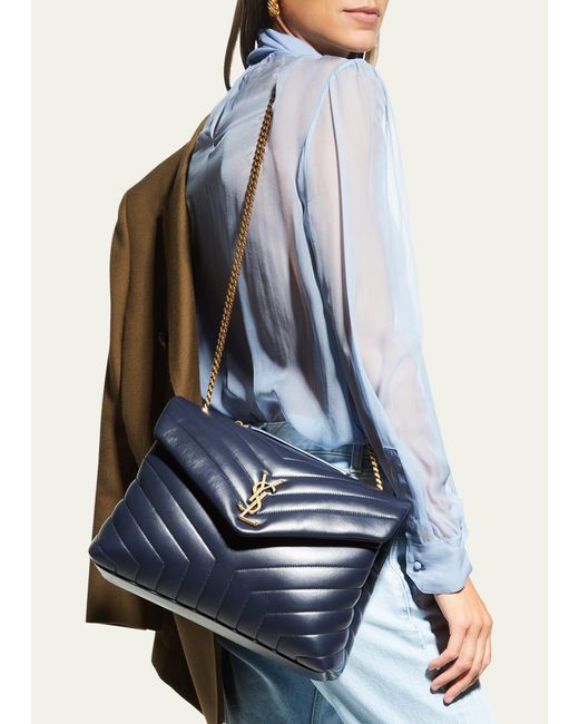 Saint Laurent Blue Loulou Medium Ysl Shoulder Bag In Quilted Leather