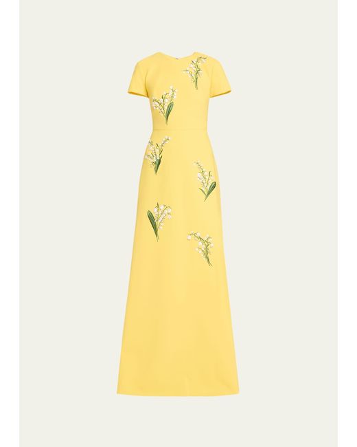 Carolina Herrera Yellow Floral Embroidered Gown With Back Bows