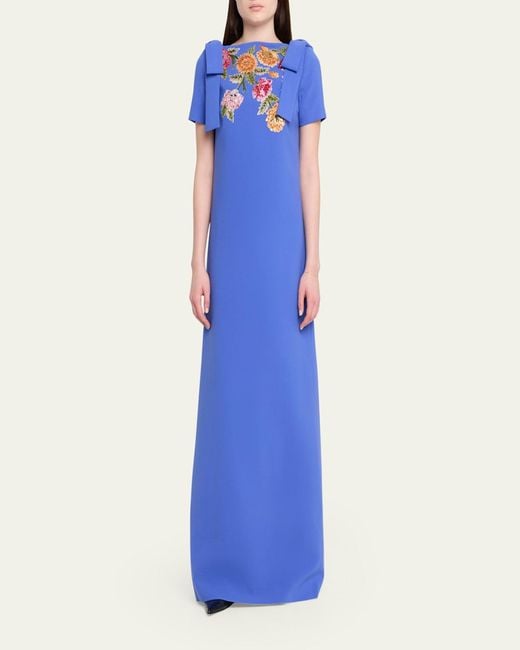 Carolina Herrera Blue Embroidered Bow-Shoulder A-Line Gown