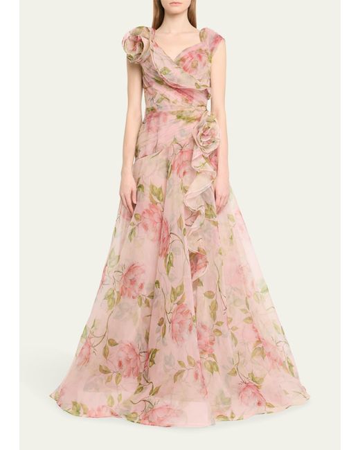 Teri Jon Pink Pleated Off-shoulder Floral-print Organza Gown