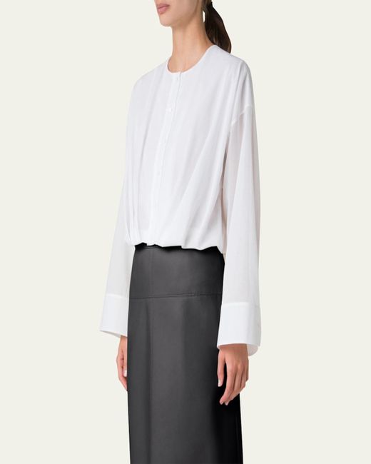Akris Blue Pleated Button Down Cotton Voile Blouse
