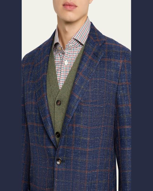 Kiton Blue Windowpane Tweed Patch-Pocket Sport Coat for men