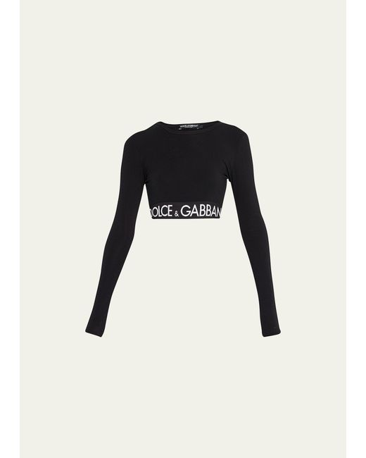 Dolce & Gabbana Black Branded Elastic Long-sleeve Crop Top
