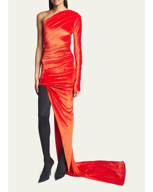 Balenciaga Red Asymmetric One-shoulder Velvet Dress